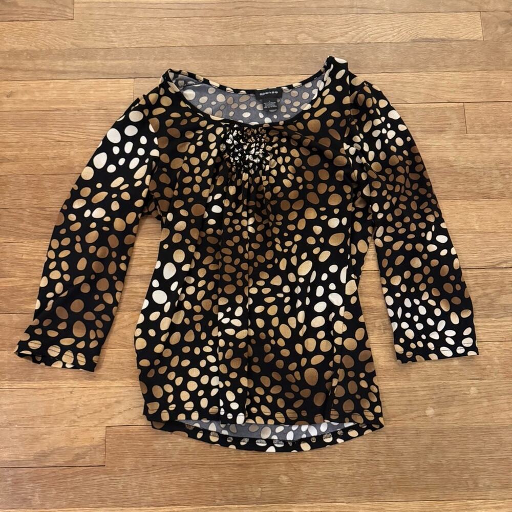 Spense brown black 3/4 sleeve crewneck slip on blouse size large L
b48